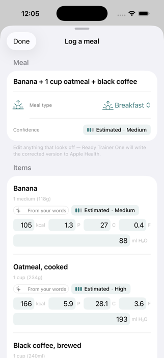 RTO food log detail showing parsed nutrition for a meal