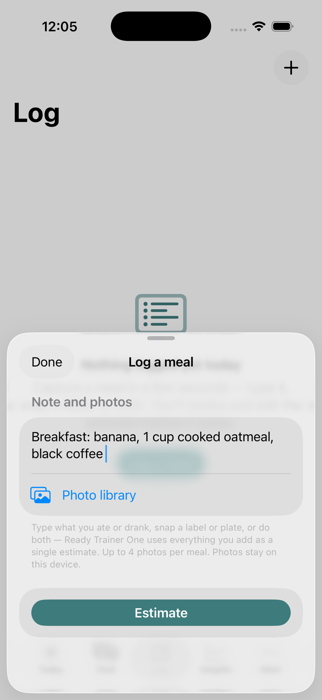 RTO food log entry screen with photo and natural-language input
