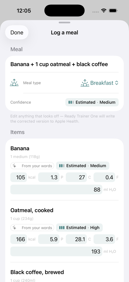 Food log detail showing parsed nutrition from a photo