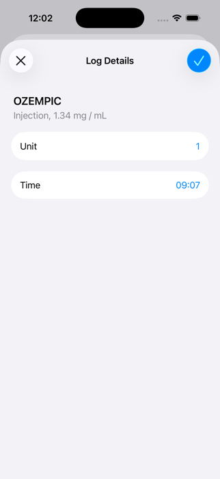 Apple Health Log Details screen for Ozempic showing dose unit and time fields