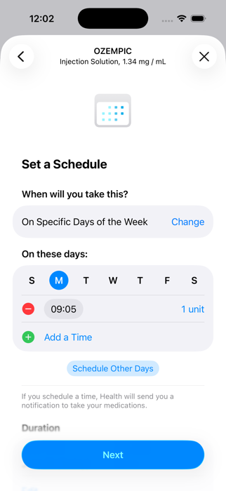 Apple Health Set a Schedule screen for Ozempic, showing weekly dose configuration on Monday at 9:05 AM
