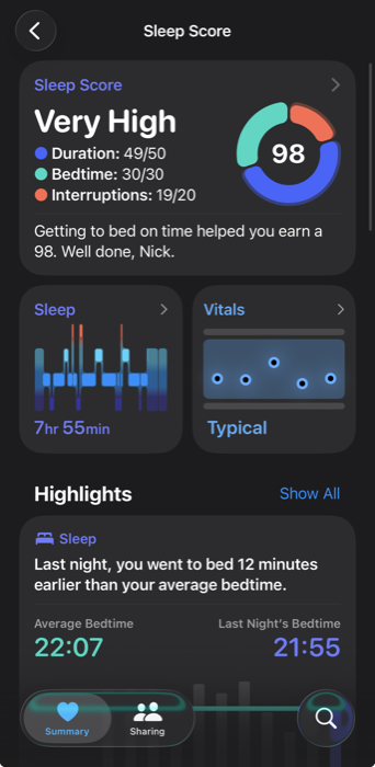 Apple Watch Sleep Score screen showing a score of 98 with duration, bedtime, and interruption breakdown