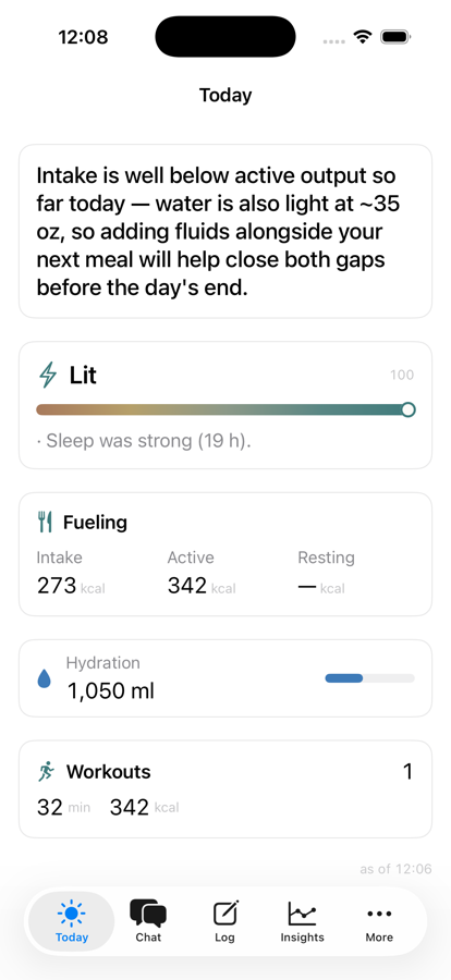 Today screen: dose schedule, readiness, training load at a glance
